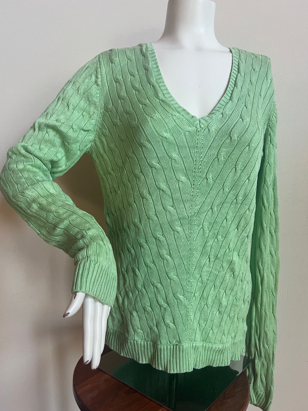 Light Green Cable Knit V-Neck Sweater